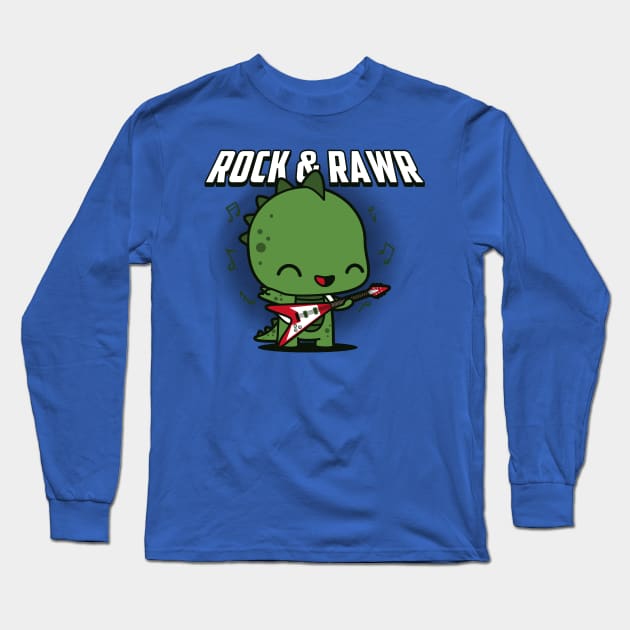 Cute Kawaii Rock And Roll Musician Dinosaur Gift For Dinosaur Lovers Long Sleeve T-Shirt by Originals By Boggs